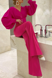 hulianfu Fashion Solid Patchwork V Neck Long Sleeve Two Pieces