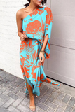 hulianfu - Casual Print One Shoulder Waist Skirt Dresses(5 Colors)