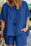 hulianfu Casual Solid Patchwork O Neck Short Sleeve Two Pieces(4 Colors)
