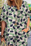 hulianfu Casual Print Split Joint O Neck Short Sleeve Two Pieces(6 colors)