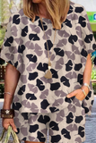 hulianfu Casual Print Split Joint O Neck Short Sleeve Two Pieces(6 colors)