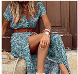 hulianfu Womens Long Dress Summer V-neck Boho Belted Maxi Dress Casual Sexy Party Dress Ladies Bohemian Beach Holiday Sundress