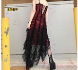 hulianfu Rosetic Gothic Mesh Pleated Sexy Strap Dress Women Dark Girl Summer Red Black Irregular Patchwork Designer Long Dresses