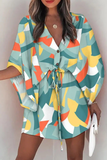 hulianfu Casual Print Patchwork V Neck Waist Skirt Dresses(8 colors)