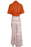 hulianfu Casual Print Patchwork V Neck Half Sleeve Two Pieces(4 Colors)