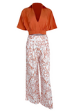 hulianfu Casual Print Patchwork V Neck Half Sleeve Two Pieces(4 Colors)