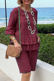 hulianfu Casual Solid Flounce O Neck Half Sleeve Two Pieces