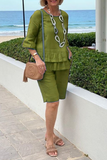 hulianfu Casual Solid Flounce O Neck Half Sleeve Two Pieces