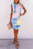 hulianfu Casual Patchwork Tie-dye O Neck Pencil Skirt Dresses