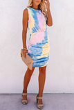 hulianfu Casual Patchwork Tie-dye O Neck Pencil Skirt Dresses