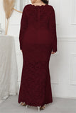 hulianfu Fashion Sexy Solid Patchwork See-through O Neck Long Sleeve Plus Size Dresses
