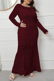 hulianfu Fashion Sexy Solid Patchwork See-through O Neck Long Sleeve Plus Size Dresses