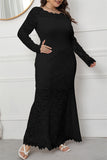 hulianfu Fashion Sexy Solid Patchwork See-through O Neck Long Sleeve Plus Size Dresses