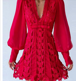 hulianfu Women Sheer Mesh Puff Sleeve Butterfly Lace Dress Women Dress