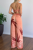 hulianfu Fashion Print Spaghetti Strap Straight Jumpsuits(5 Colors)