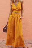 hulianfu Casual Solid Patchwork Spaghetti Strap Sleeveless Two Pieces