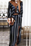 hulianfu Fashion Striped High Opening V Neck Long Sleeve Two Pieces