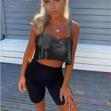 hulianfu Handmade Backless Sequin Metal Mesh Dress Women Chain Halter Rhinestone Chain Slit Night Club Birthday Party Dress Mini