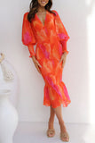 hulianfu Casual Print Patchwork Flounce V Neck One Step Skirt Dresses