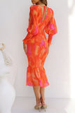 hulianfu Casual Print Patchwork Flounce V Neck One Step Skirt Dresses