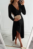 hulianfu Fashion Solid Patchwork V Neck Asymmetrical Dresses(5 colors)