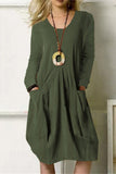 hulianfu Fashion Casual Solid Pocket O Neck Long Sleeve Dresses(4 Colors)