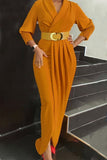 hulianfu Elegant Solid Patchwork Fold With Belt V Neck Long Sleeve Plus Size Dresses