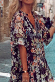 hulianfu Casual Print Patchwork V Neck Cake Skirt Dresses