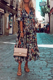 hulianfu Casual Print Patchwork V Neck Cake Skirt Dresses