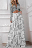 hulianfu Casual Print Patchwork V Neck Long Sleeve Two Pieces(7 Colors)