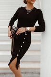 hulianfu Elegant Solid Buckle O Neck One Step Skirt Dresses(4 Colors)