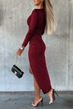 hulianfu Elegant Fold Solid Color V Neck Wrapped Skirt Dresses