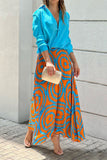 hulianfu Elegant Print Printing V Neck Long Sleeve Two Pieces