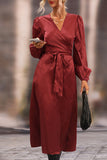 hulianfu Elegant Solid Frenulum V Neck A Line Dresses