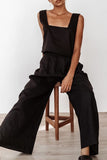 hulianfu Casual Solid With Belt Bright Silk Square Collar Sleeveless Two Pieces