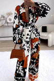 hulianfu Casual Print Patchwork Buckle Turndown Collar Long Sleeve Two Pieces