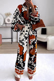 hulianfu Casual Print Patchwork Buckle Turndown Collar Long Sleeve Two Pieces