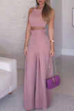 hulianfu Sweet Simplicity Solid With Belt Solid Color O Neck Sleeveless Two Pieces(3 Colors)
