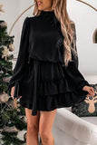 hulianfu Elegant Solid Flounce Half A Turtleneck Cake Skirt Dresses