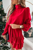 hulianfu Elegant Solid Flounce Half A Turtleneck Cake Skirt Dresses