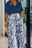 hulianfu Fashion Print Split Joint V Neck Short Sleeve Two Pieces(4 colors)