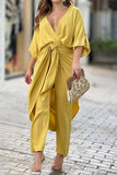 hulianfu Casual Solid Frenulum V Neck Regular Jumpsuits(3 Colors)