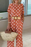 hulianfu Casual Polka Dot Patchwork O Neck Short Sleeve Two Pieces(5 Colors)