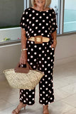 hulianfu Casual Polka Dot Patchwork O Neck Short Sleeve Two Pieces(5 Colors)