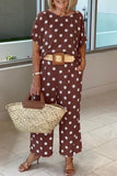 hulianfu Casual Polka Dot Patchwork O Neck Short Sleeve Two Pieces(5 Colors)
