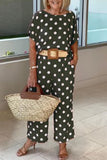 hulianfu Casual Polka Dot Patchwork O Neck Short Sleeve Two Pieces(5 Colors)