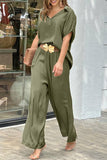 hulianfu Casual Simplicity Solid Without Belt V Neck Short Sleeve Two Pieces(3 Colors)