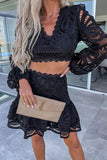 hulianfu Casual Celebrities Solid Hollowed Out V Neck Long Sleeve Two Pieces