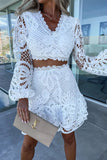 hulianfu Casual Celebrities Solid Hollowed Out V Neck Long Sleeve Two Pieces