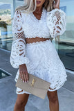 hulianfu Casual Celebrities Solid Hollowed Out V Neck Long Sleeve Two Pieces
